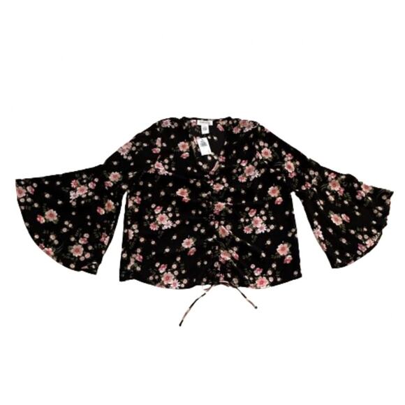 Planet Gold Black Pink Floral V-Neck Bell Sleeve Top Blouse Top Size 1X NEW - Picture 8 of 12